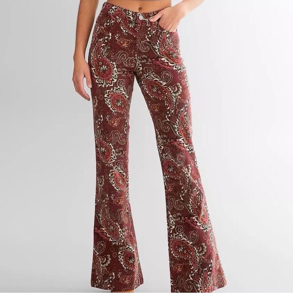 Sterling & Stitch Flare Pants Womens 28x34 Brown Paisley Corduroy Boho Retro